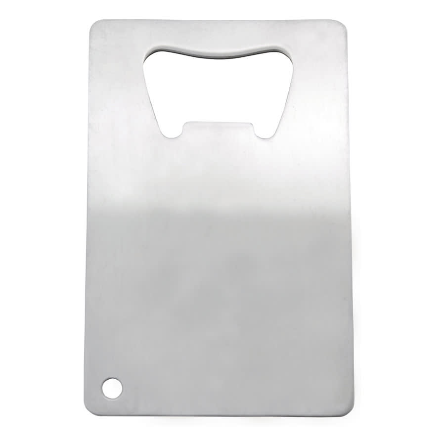 A stainless steel bottle opener shaped like a credit card, featuring a circular hole and a cut-out for easy gripping.