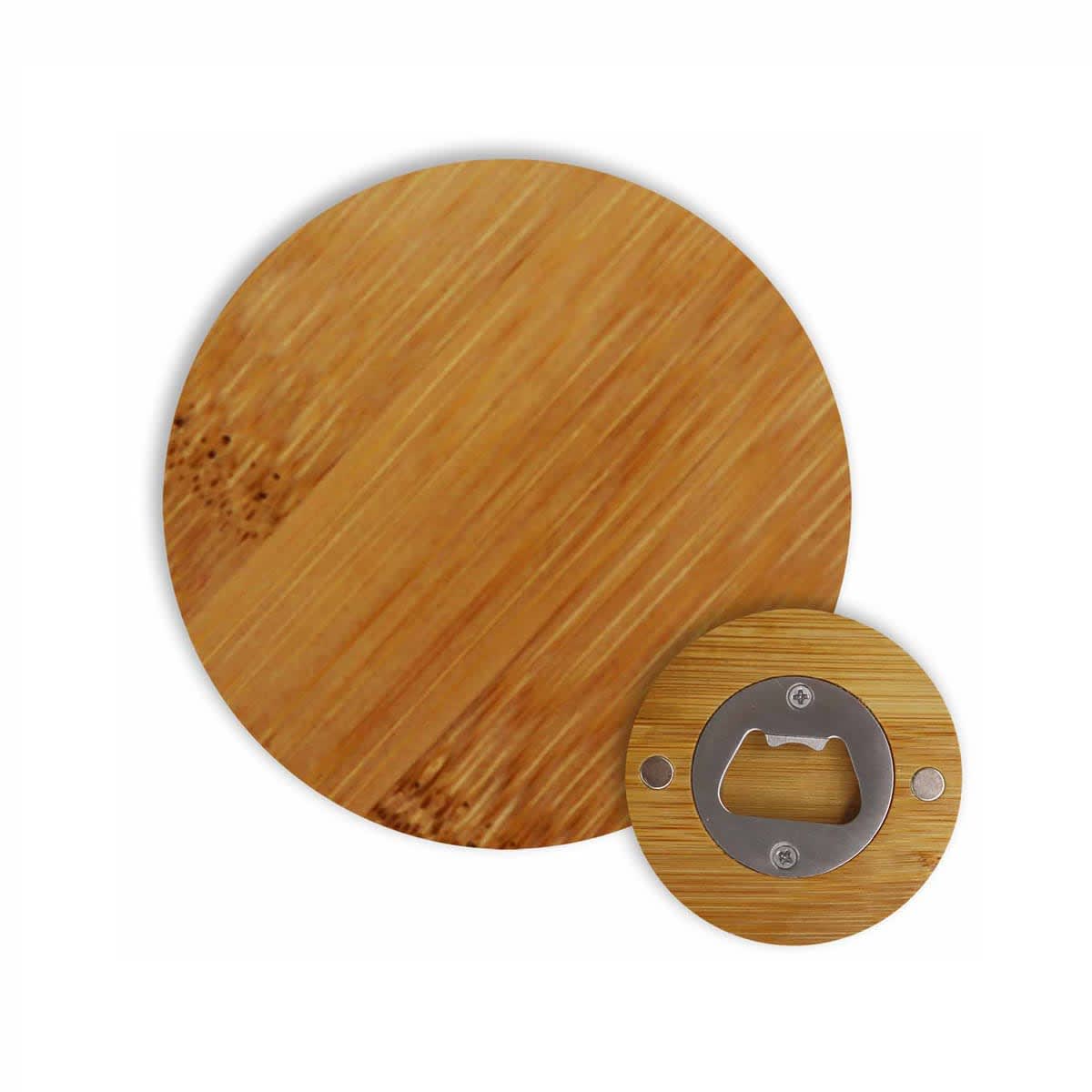 A round bamboo bottle opener featuring a smooth bamboo surface and a metal bottle-opening mechanism.