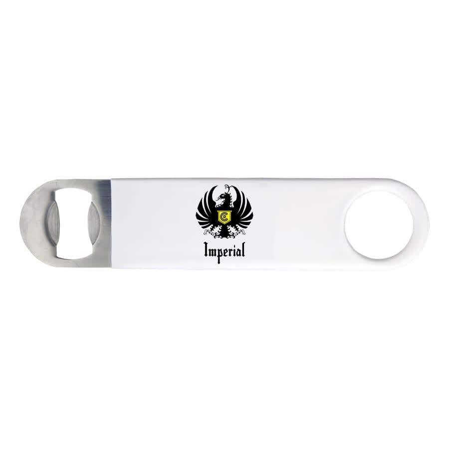 A drink bottle opener in white with a metal opener and a logo featuring a bird emblem.