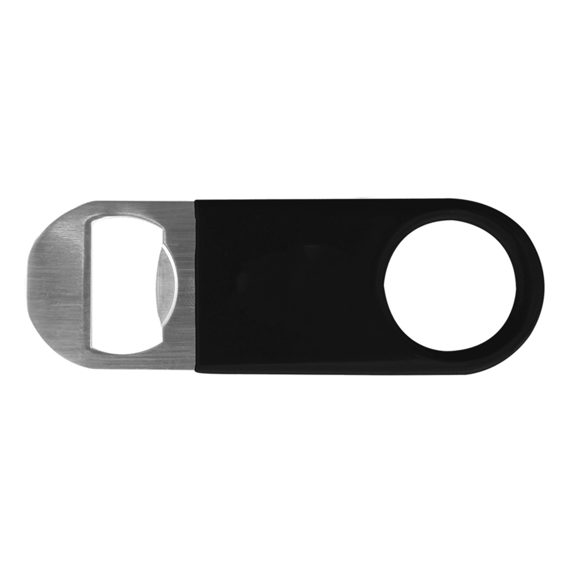 A drink bottle opener featuring a stainless steel end with a black vinyl handle and a circular hole for easy grip.