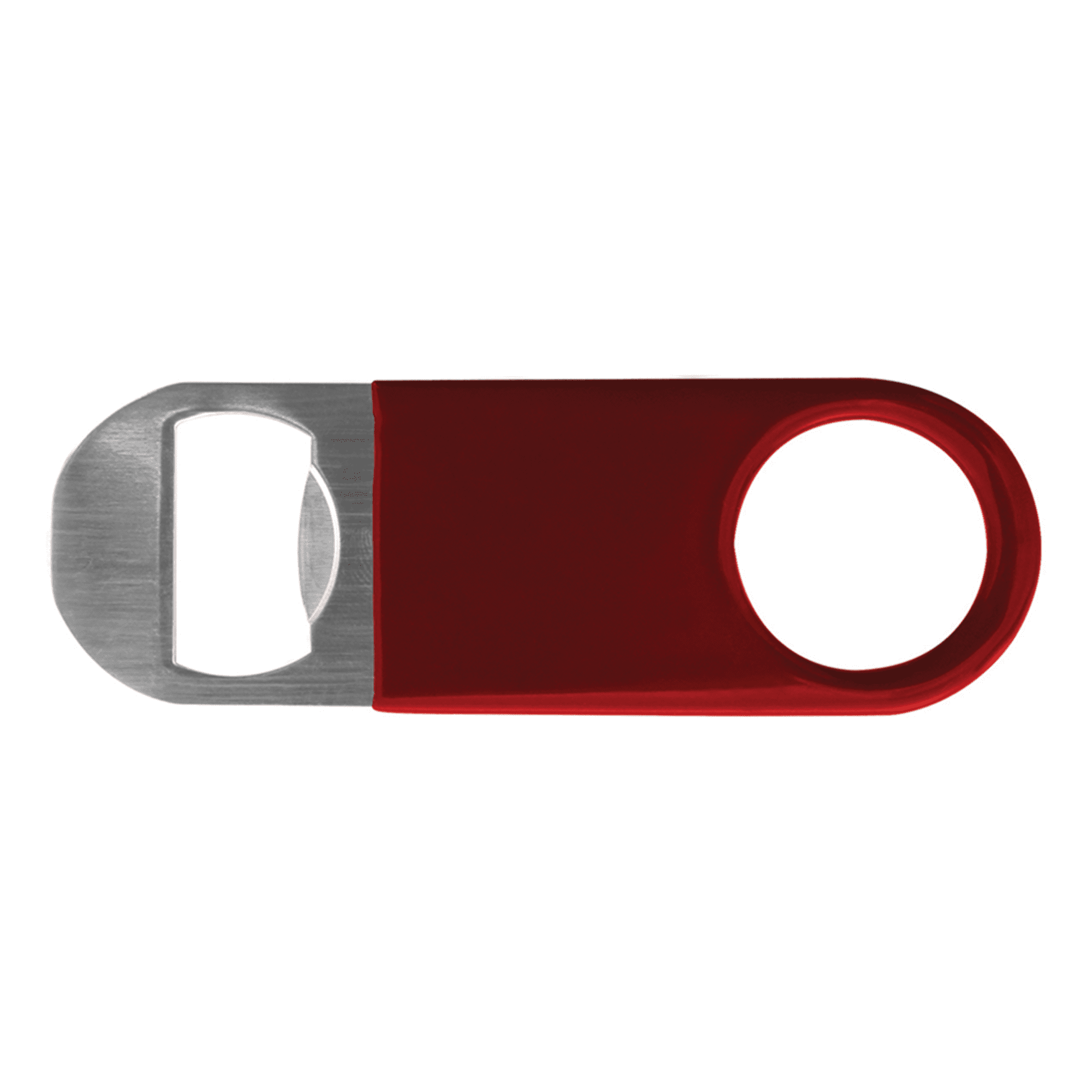 A drink bottle opener featuring a red vinyl handle and a stainless steel opener, with a logo on the handle.