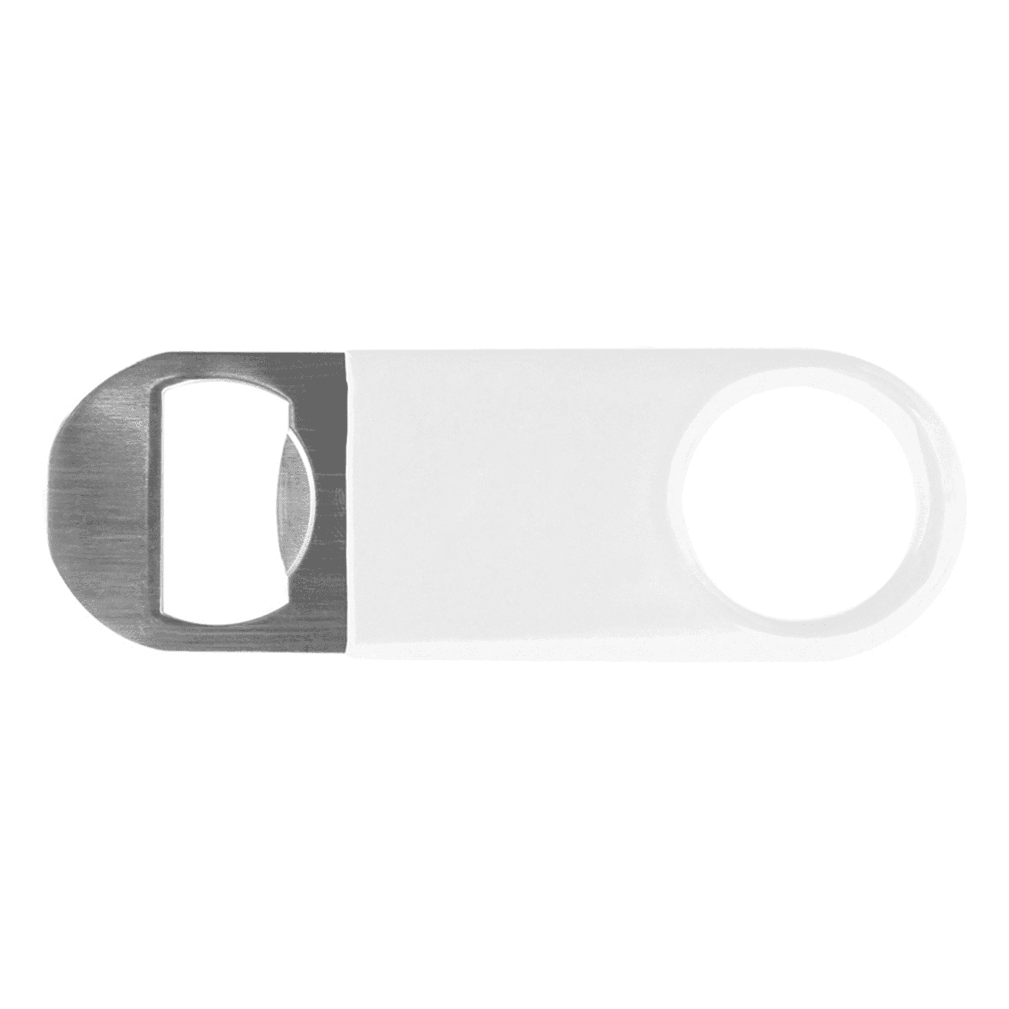 A drink bottle opener featuring a silver metal opener and white vinyl handle, with a logo on the handle.