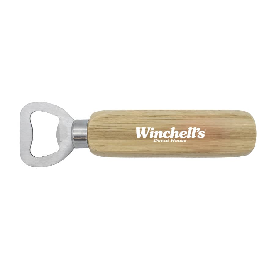 A drink bottle opener with a stainless steel head and a bamboo handle. Features a logo on the handle.