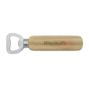 A bamboo bottle opener with a stainless steel opening end and a smooth wooden handle, featuring a logo.