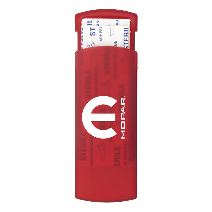 A red bandage dispenser featuring a white logo and containing bandages inside.