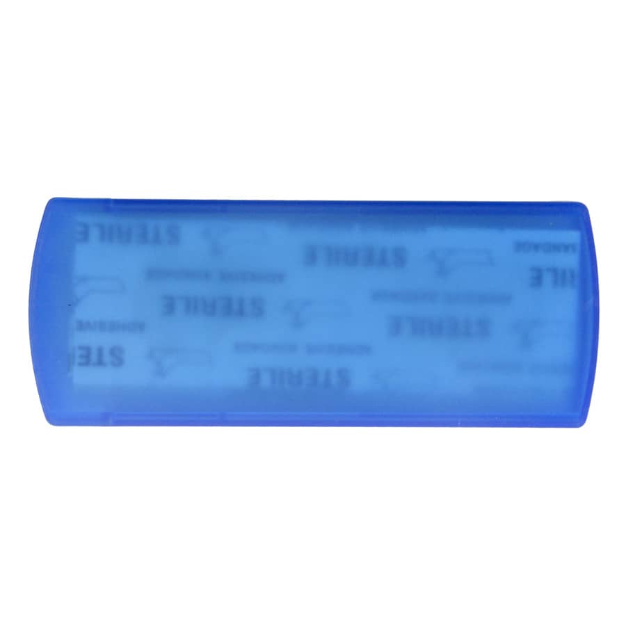 A blue bandage dispenser with a smooth surface and rounded edges, featuring a logo or branding on it.