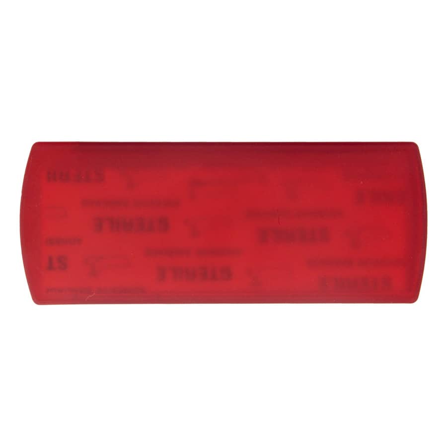 A red bandage dispenser with a smooth surface and a logo. Compact design for easy storage.