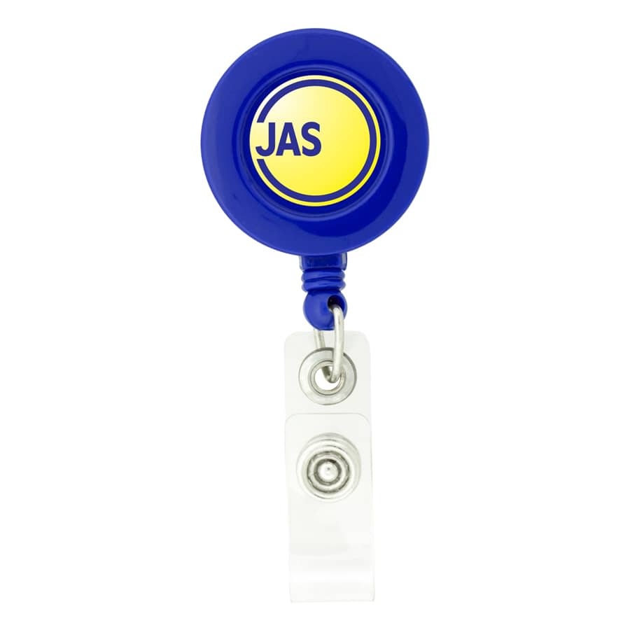 A round badge holder in blue with a white clip and a circular logo at the top.