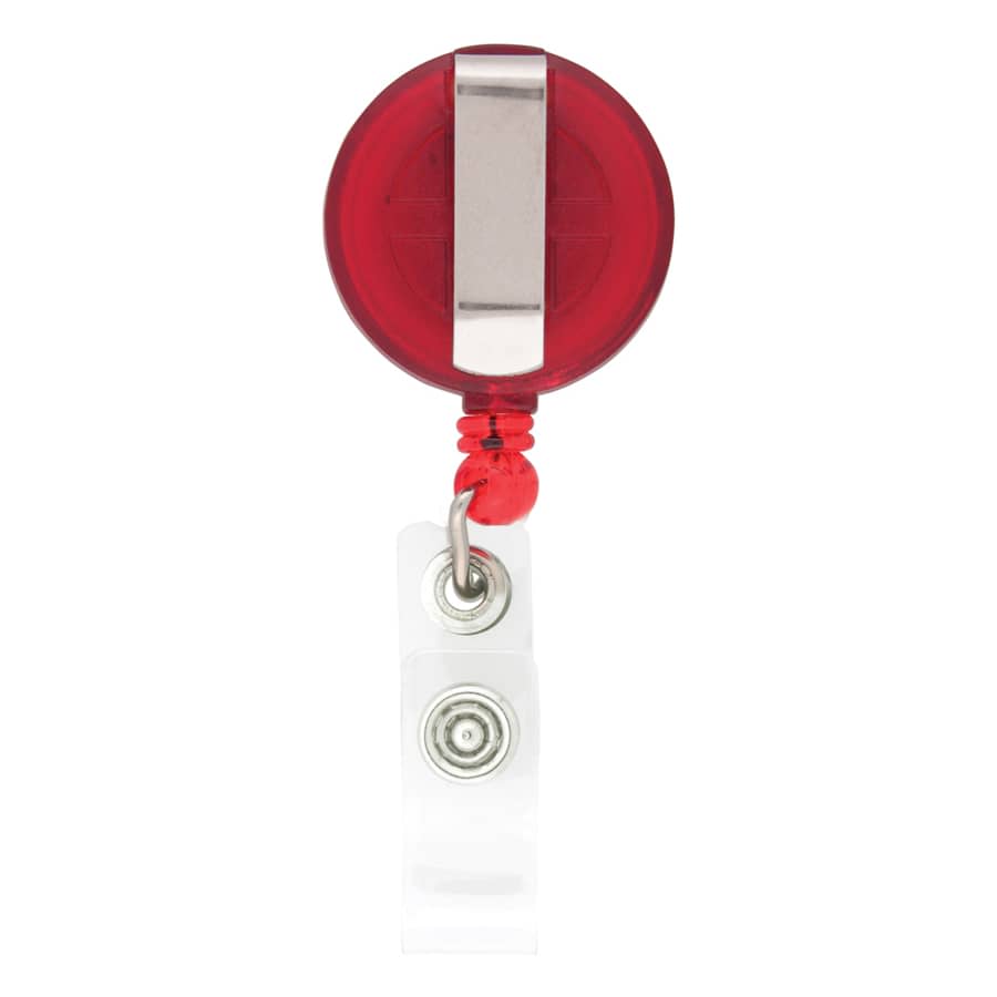 A red round badge holder with a silver clip and a clear strap.