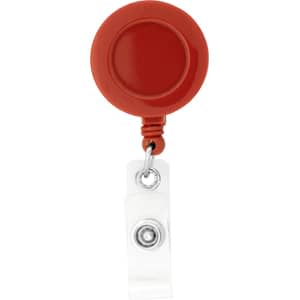 A round red badge holder with a clear retractable cord and a clip attachment.