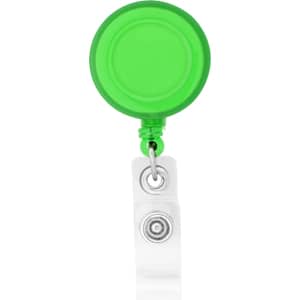 A round badge holder in bright green with a clear strap and a metallic clip at the bottom.