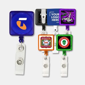 A collection of rectangle badge holders in various colours, each featuring a logo. Clear retractable strap included.
