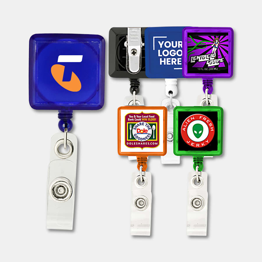 A collection of rectangle badge holders in various colours, each featuring a logo. Clear retractable strap included.