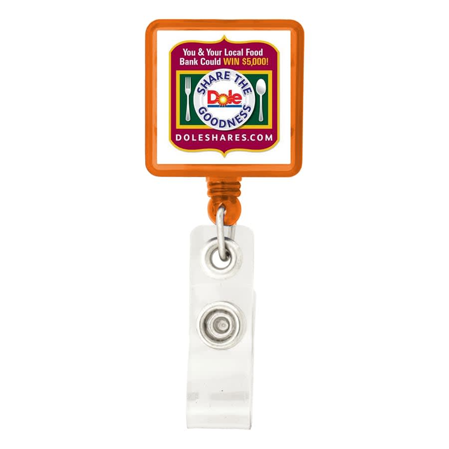 A rectangle badge holder in orange and clear, featuring a logo and a clip for attachment.