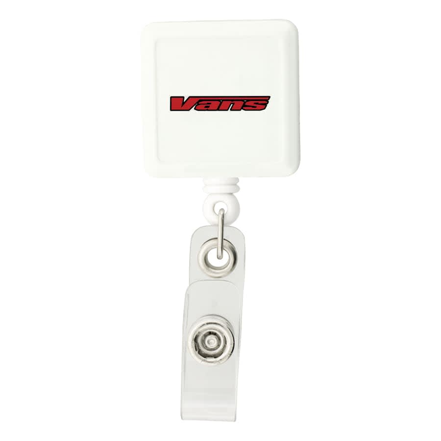 A rectangular white badge holder with a clear clasp and a logo in red on the front.
