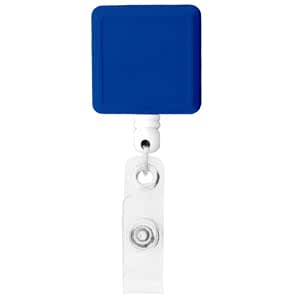 A square blue badge holder with a clear retractable strap and a snap button attachment.
