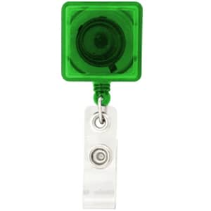 A green rectangle badge holder with a retractable reel and a clear clip for attaching to clothing.