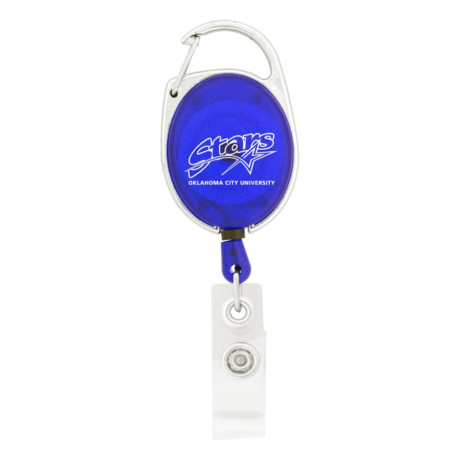 A blue retractable badge holder with a metal clip and a clear plastic attachment for badges. It features a logo.