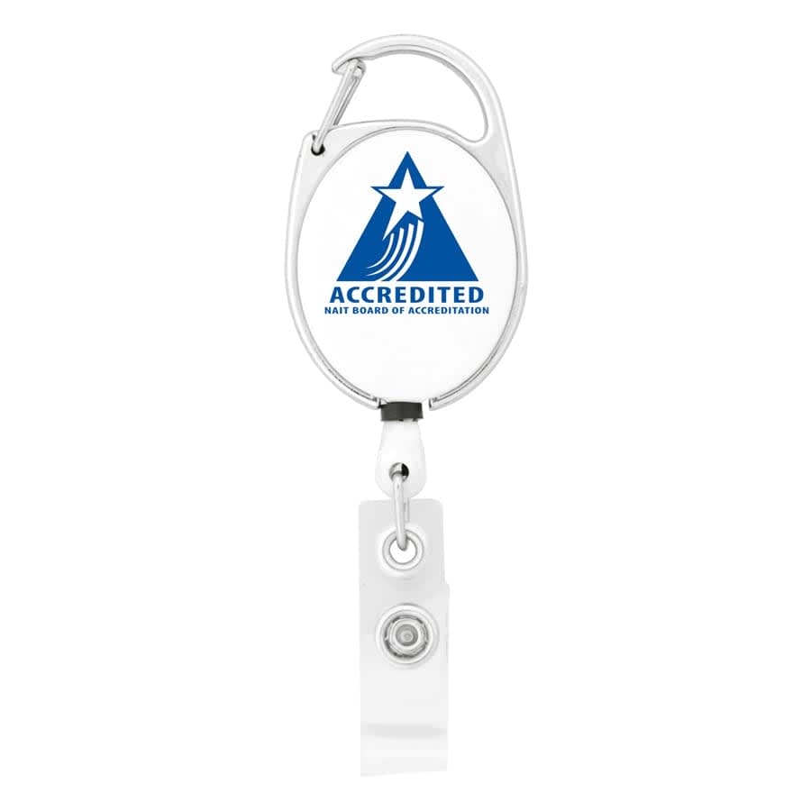 A retractable badge holder in white and silver, featuring a logo and a clip for attachment.