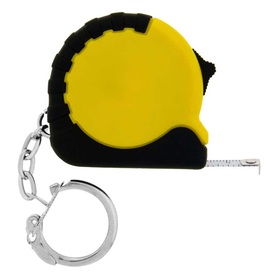 A mini tape measure in yellow and black, featuring a keychain attachment for portability.