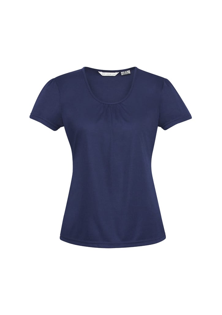 A navy women's chic top with short sleeves and a scoop neckline, featuring a logo on the label.