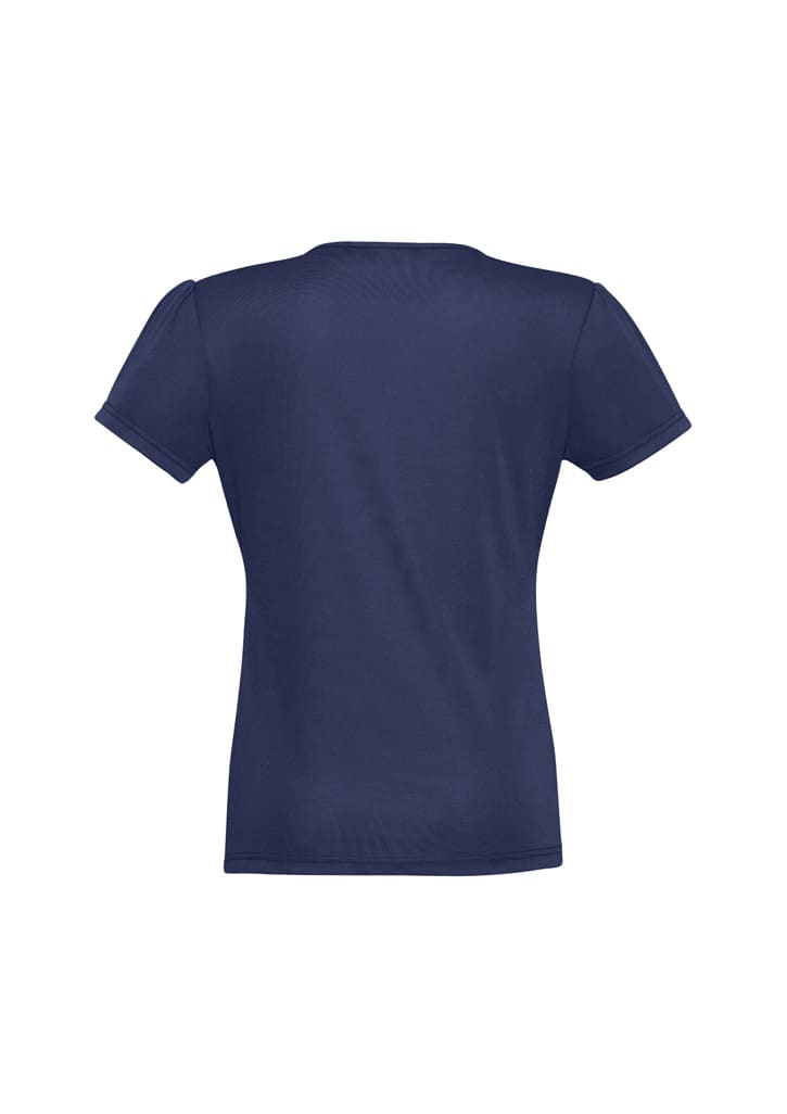 A navy blue women's chic top with short sleeves and a simple design. It has a logo on the back.