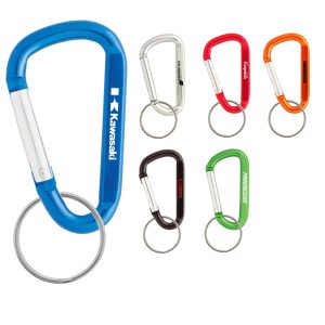 A 60mm carabiner in blue, red, green, silver, black, and orange, featuring various logos and colours.
