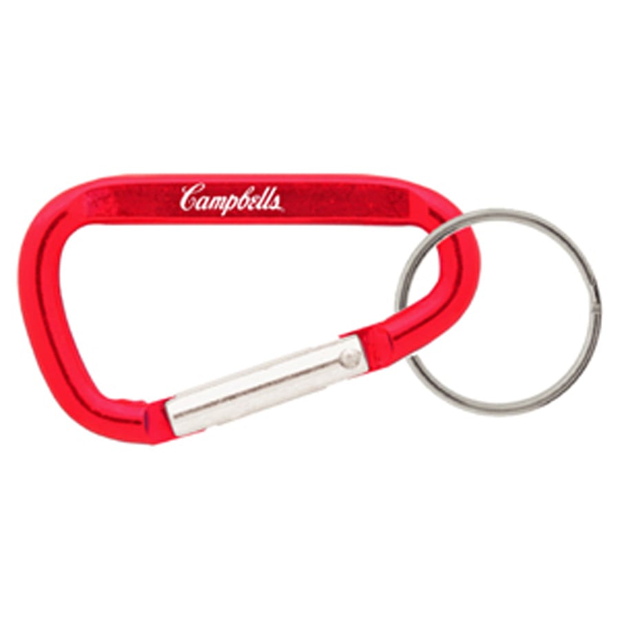 A red 60mm carabiner with a silver keyring and a logo.