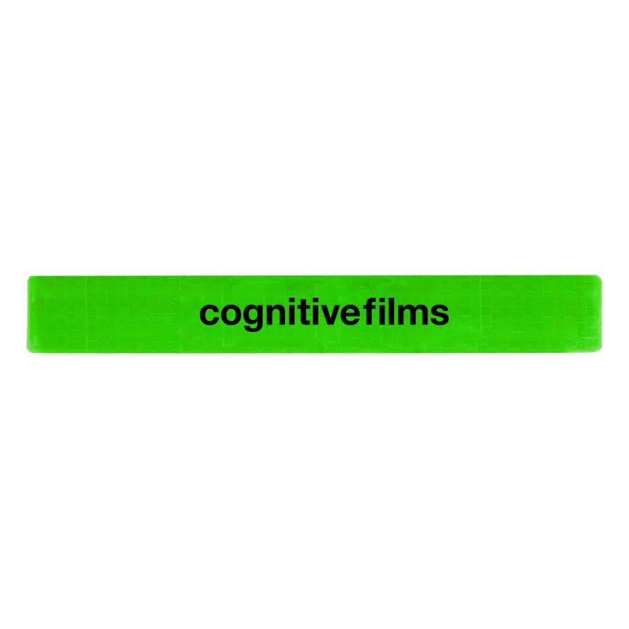 A green reflective slap wristband featuring a logo. Suitable for exhibitions and events.