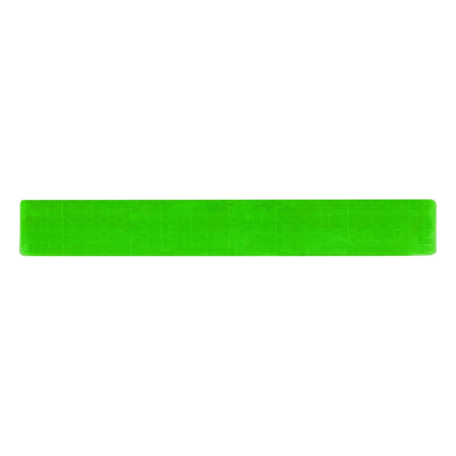 A bright green reflective slap wristband with a textured surface, featuring a logo.
