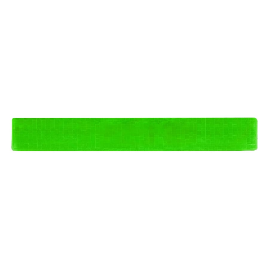 A reflective slap wristband in bright green, featuring a textured pattern. It has a logo on one side.
