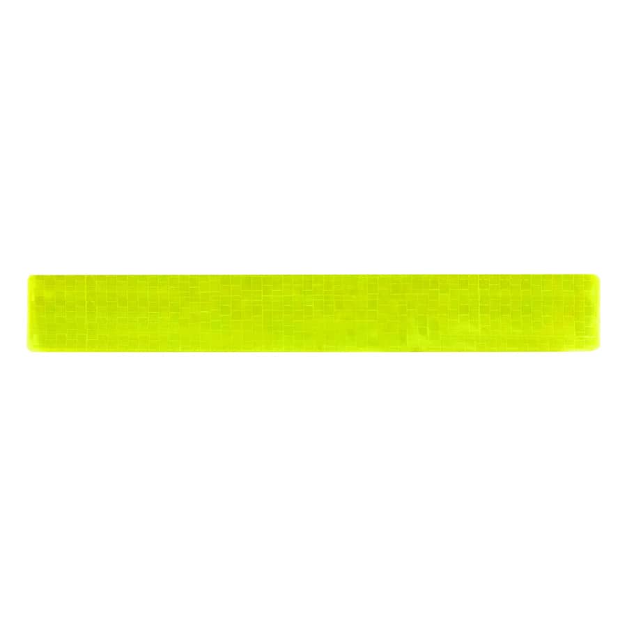 A reflective slap wristband in bright yellow featuring a textured surface and a logo.
