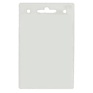 A clear plastic badge holder with two holes at the top for attaching a lanyard or clip.