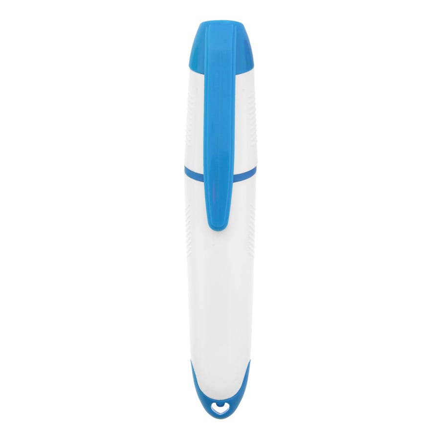 A highlighter featuring a white barrel and blue accents, with a logo on its surface.