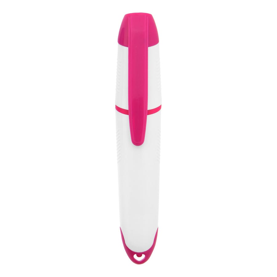 A highlighter in pink and white with a sleek design and a clip attachment. It features a logo on the body.