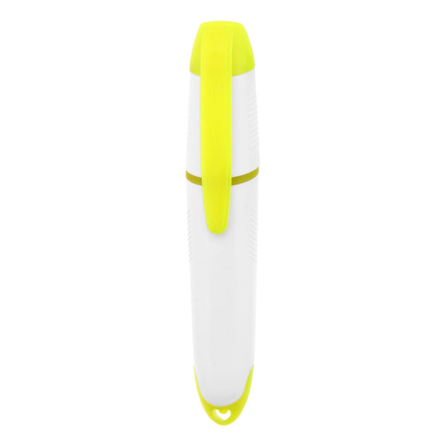 A highlighter in white and bright yellow, featuring a textured grip and clip for easy attachment.