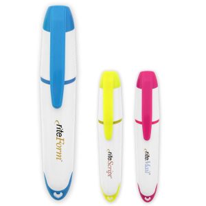 A set of three highlighters in blue, yellow, and pink, featuring a slim design and logo branding.