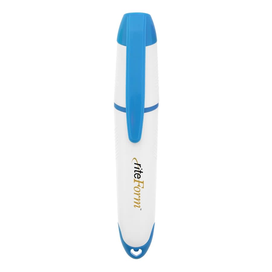 A highlighter in white and blue with a textured grip and a logo. The cap is blue, and the body is white.