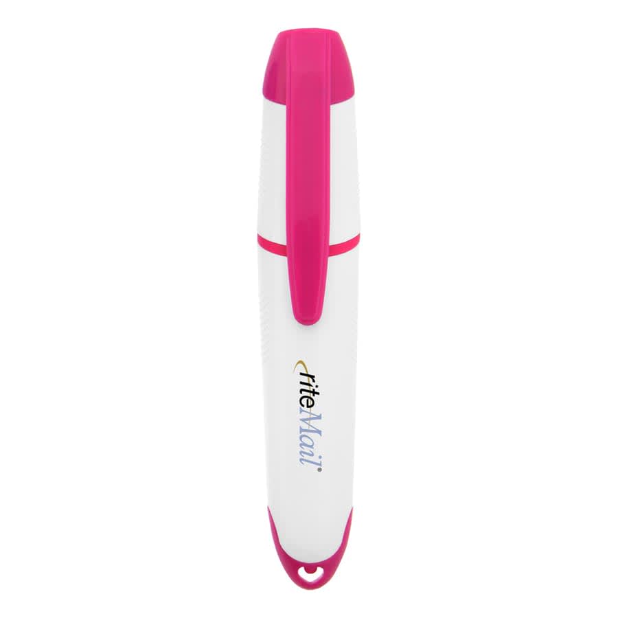 A highlighter in pink and white with a logo, featuring a rounded design and a cap.