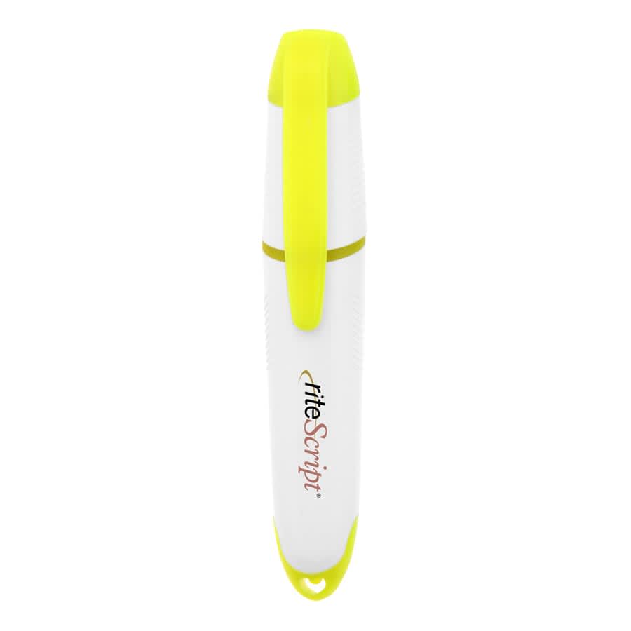 A highlighter in white with a bright yellow cap and clip, featuring a branding logo.