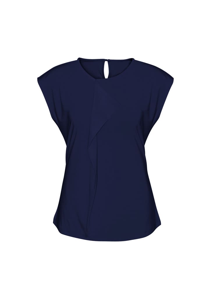 A navy women's top with a unique design and a keyhole detail at the back. It has a subtle branding logo.