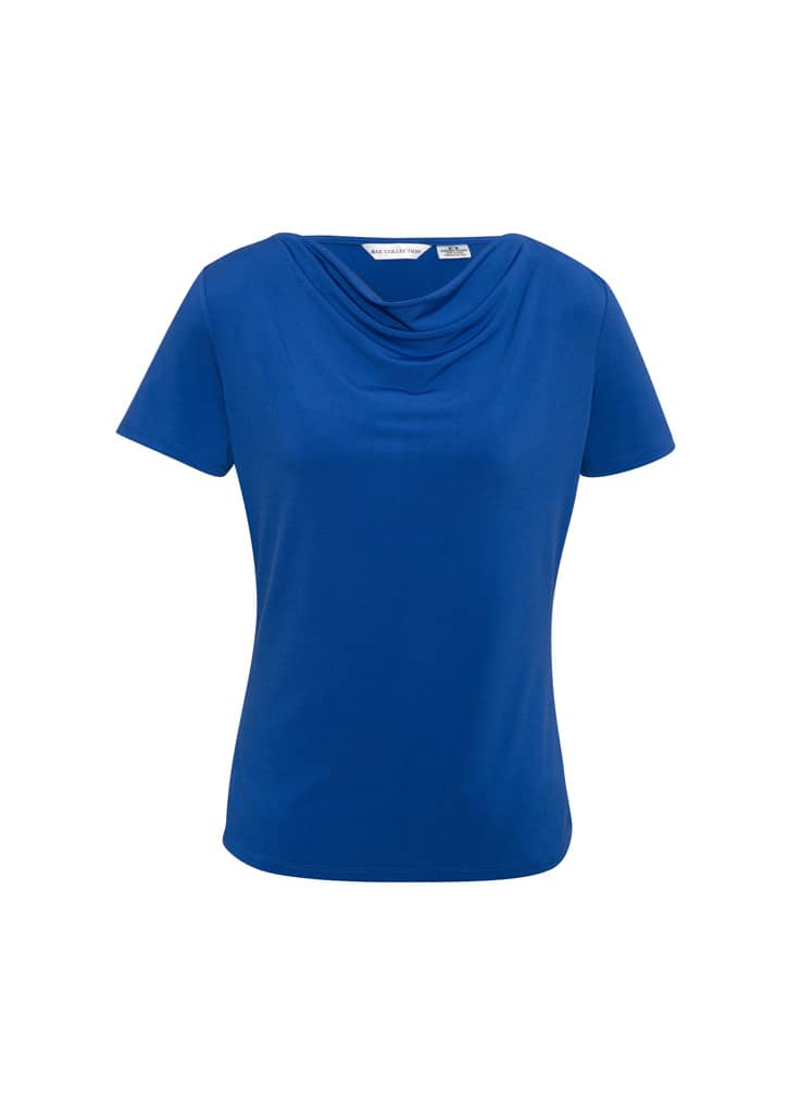 A blue women's top with a cowl neckline and short sleeves, featuring a logo label.