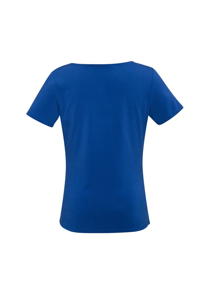 A blue women's top with a round neckline and short sleeves, featuring a logo on the back.