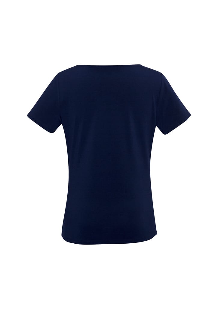 A navy blue women's top with short sleeves and a round neckline. It has a plain design and a branding logo.