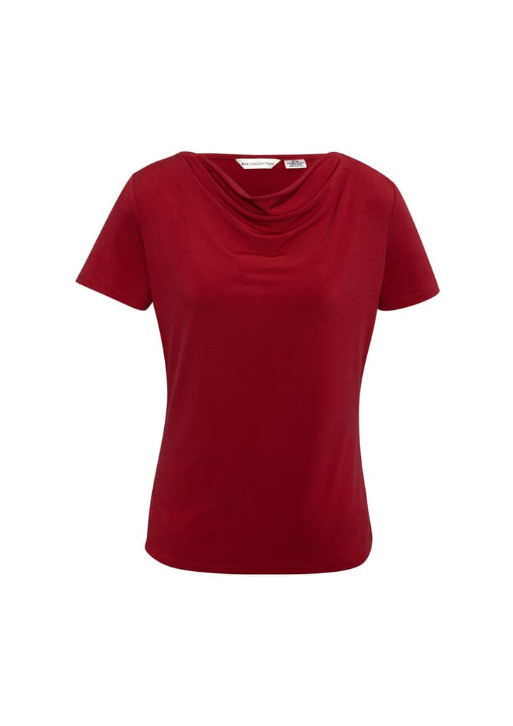 A red women's top with a draped neckline and short sleeves, featuring a logo at the label.