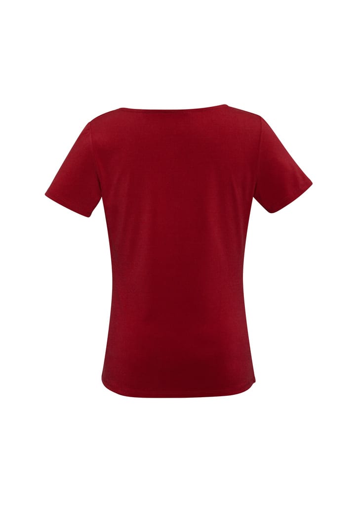 A red women's top with short sleeves and a round neckline, featuring a plain back view and a small logo.