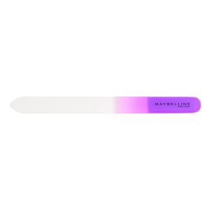 A glass nail file with a gradient design in purple and white, featuring a logo.
