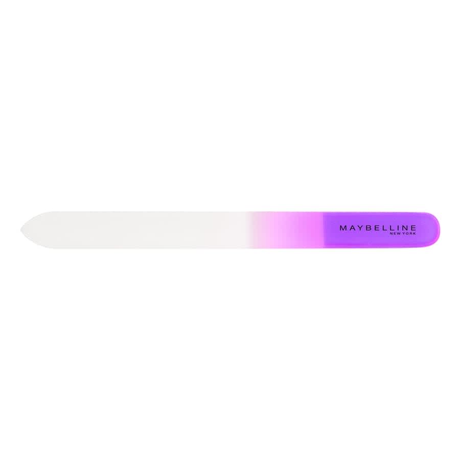 A glass nail file with a gradient design in purple and white, featuring a logo.