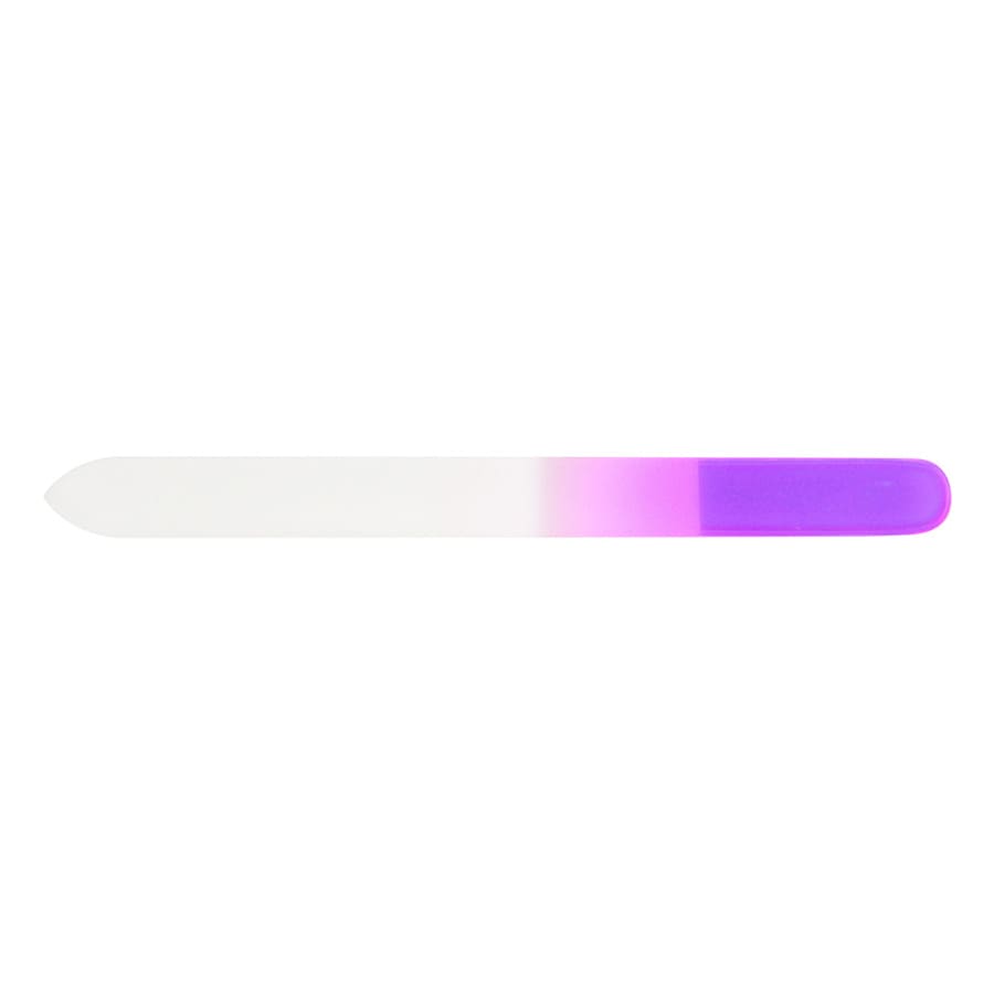 A glass nail file featuring a gradient design in white and purple, with a smooth surface and rounded ends.