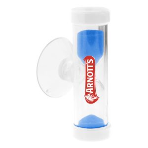 A clear sand timer with blue sand and a white cap, featuring a logo on the front.